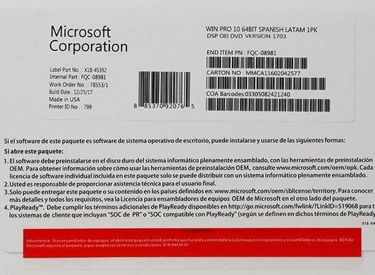 Bloco do Oem de Windows 10 varejos da caixa do COA DVD da licença de FPP pro