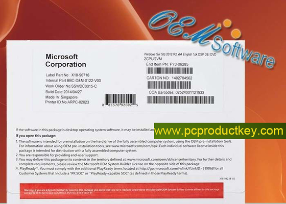 Licença da chave do produto do bloco do Oem da caixa da chave DVD do retalho do padrão R2 de Windows Server 2012